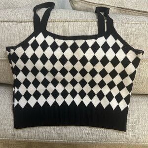 Mango Black and White Diamond Knit Crop Top